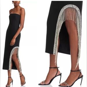 Cinq a Sept Sammy Rhinestone Fringe Black Midi Dress